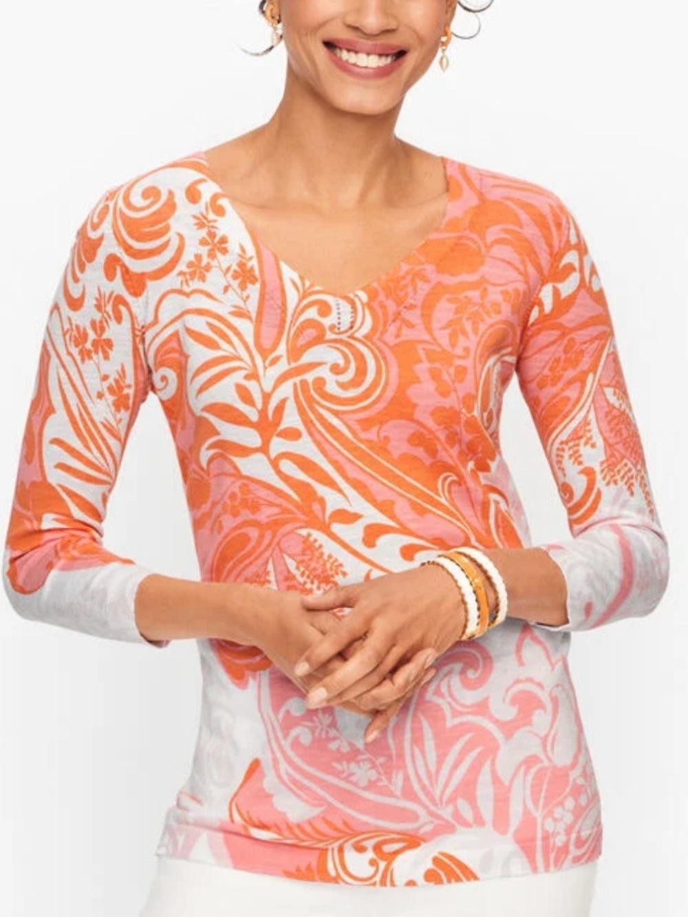Talbots Paisley V-Neck Slub Cotton Sweater Top Womens S Orange Pink Resort